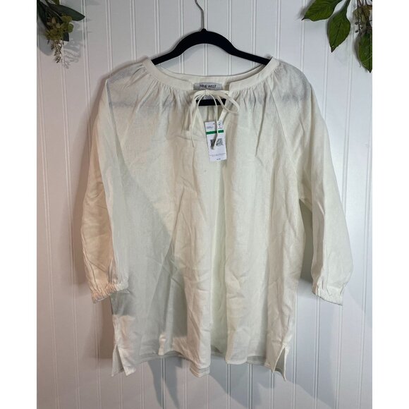 Nine West White Linen Blend Peasant Blouse With Elastic Cuffs & Tie Neck Size L - Picture 1 of 13